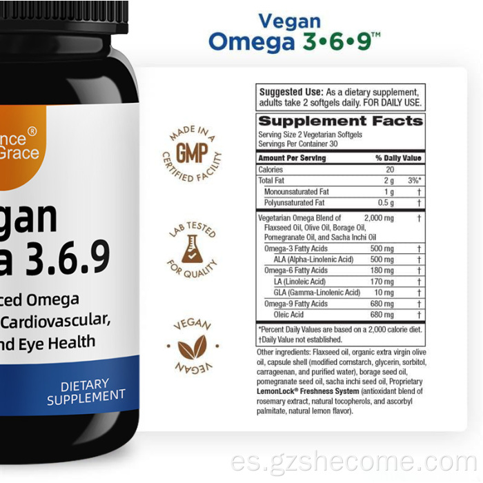 Shecome Vegan Omega 3 6 9 Cápsulas blandas Salud del corazón a base de plantas